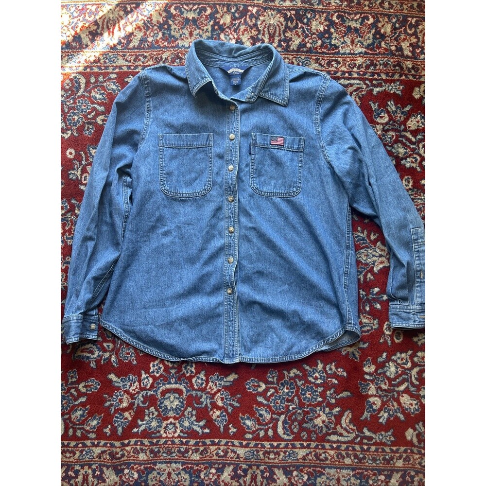 Capezio Jeans American Denim Button Up Shirt Long Sleeve Flag Logo 1X 90s